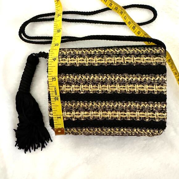 Small Black Velvet and Gold Brocade Crossbody Purse with Tassel Never Used New - Picture 6 of 8